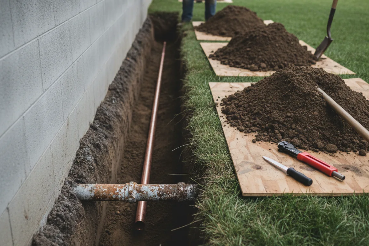 Excavated water line trench during Sewer Line Repair in Revere
